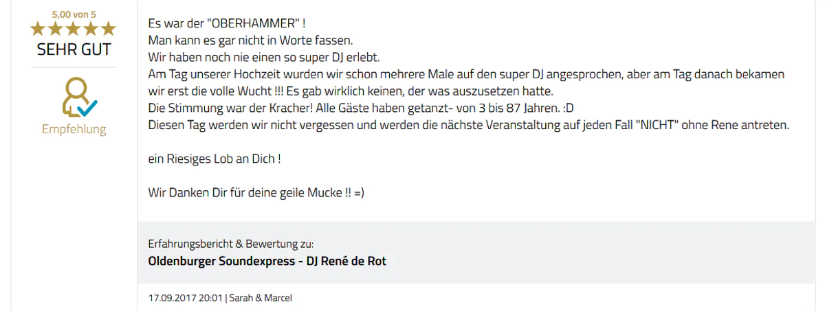 Kundenfeedback Hochzeit Hotel Weserblick | Hochzeits-DJ René de Rot aus Oldenburg