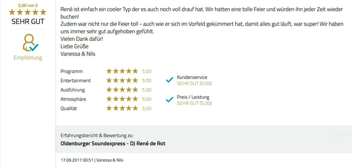 Kundenfeedback Hochzeit Landhaus Etzhorn | Hochzeits-DJ René de Rot aus Oldenburg