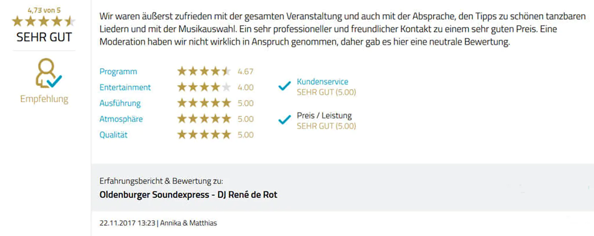 Kundenfeedback | Hochzeits-DJ René de Rot aus Oldenburg