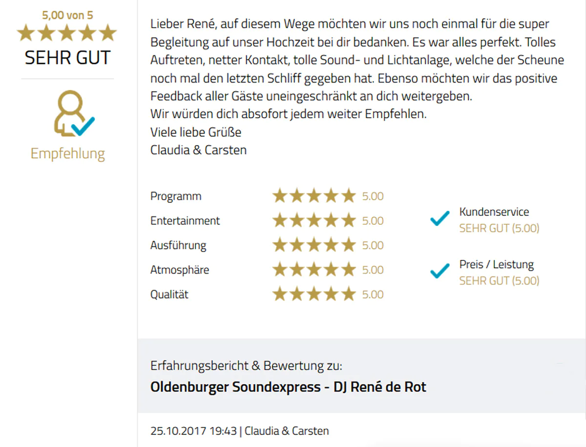 Kundenfeedback | Hochzeits-DJ René de Rot aus Oldenburg