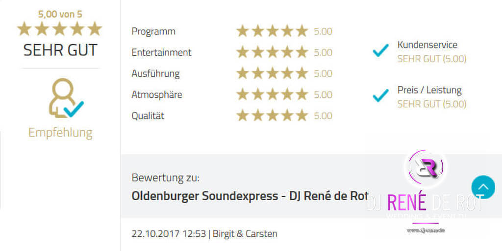 Kundenfeedback | Hochzeits-DJ René de Rot aus Oldenburg