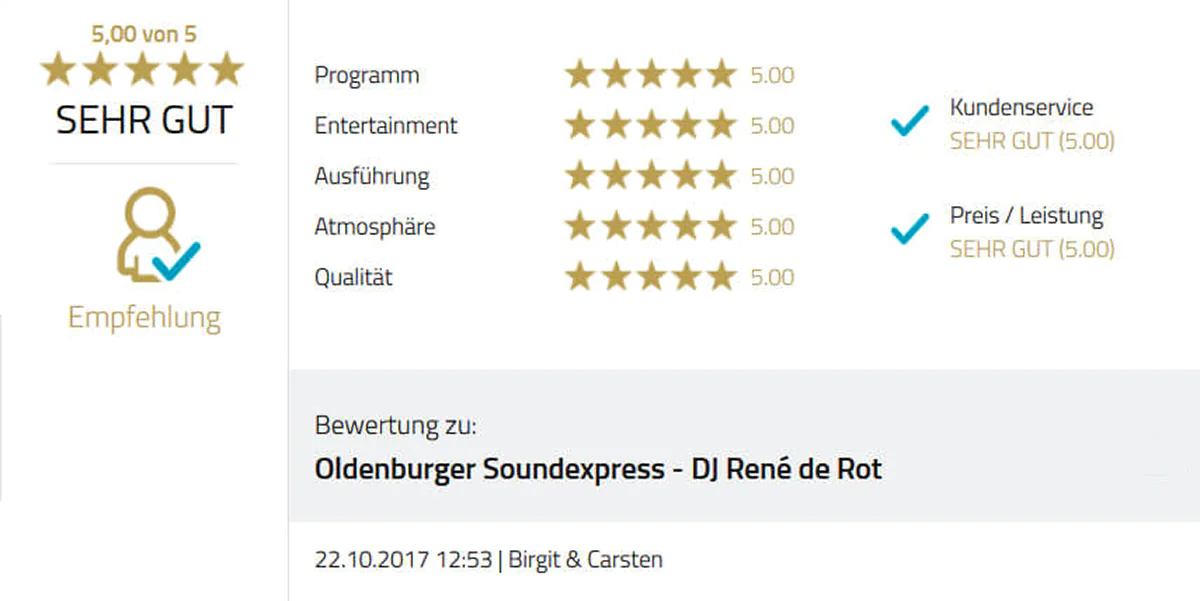 Kundenfeedback | Hochzeits-DJ René de Rot aus Oldenburg