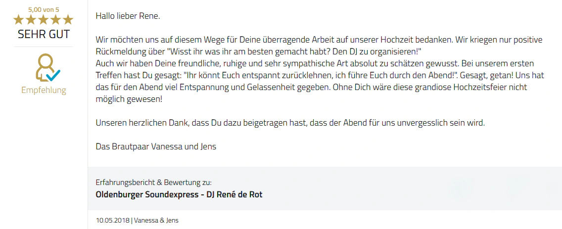 Feedback | Hochzeit im Landgasthof Bischoff | Hochzeits-DJ René de Rot